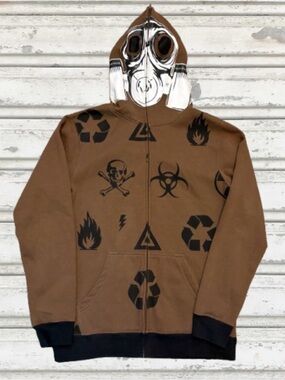 Power of Art Brown Zip-Up Hoodie with Graphic Hazard Icons